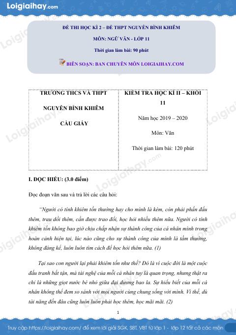 Giải đề thi kì 2 Ngữ văn lớp 11 năm 2019 - 2020 trường THPT Nguyễn Bỉnh Khiêm